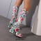 Square Toe Chunky Heels Side Zipper Knee Highs Flowers Low Platforms Boots - Blue