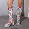 Square Toe Chunky Heels Side Zipper Knee Highs Flowers Low Platforms Boots - Blue