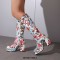 Square Toe Chunky Heels Side Zipper Knee Highs Flowers Low Platforms Boots - Blue