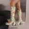 Square Toe Chunky Heels Side Zipper Knee Highs Flowers Low Platforms Boots - Yellow