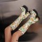 Square Toe Chunky Heels Side Zipper Knee Highs Flowers Low Platforms Boots - Yellow