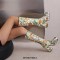 Square Toe Chunky Heels Side Zipper Knee Highs Flowers Low Platforms Boots - Yellow
