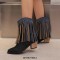 Pointed Toe Chunky Heels Mid Calf Ankle Highs Fringe Denim Cowboy Boots - Black