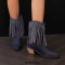 Pointed Toe Chunky Heels Mid Calf Ankle Highs Fringe Denim Cowboy Boots - Dark Blue