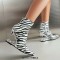 Pointed Toe Strange Tooth Heels Ankle Highs Zebra Booties - White
