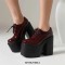 Round Toe Chunky Heels Platforms Gothic Punk Lace Up Loafers Pumps - Red
