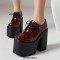 Round Toe Chunky Heels Platforms Gothic Punk Lace Up Loafers Pumps - Red