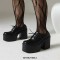 Round Toe Chunky Heels Platforms Gothic Punk Lace Up Loafers Pumps - Black