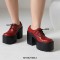Round Toe Chunky Heels Platforms Gothic Punk Lace Up Loafers Pumps - Red