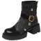 Round Toe Chunky Heels Denim Side Zipper Ankle High Boots - Black