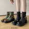 Round Toe Chunky Heels Denim Side Zipper Ankle High Boots - Gold