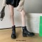 Round Toe Chunky Heels Denim Side Zipper Ankle High Boots - Black