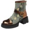 Round Toe Chunky Heels Denim Side Zipper Ankle High Boots - Gold