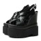 Peep Toe Ankle Buckle Straps Double Platforms Wedges  Sandals - Black Faux Leather