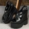 Peep Toe Ankle Buckle Straps Double Platforms Wedges  Sandals - Black Faux Leather