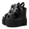 Peep Toe Ankle Buckle Straps Double Platforms Wedges  Sandals - Black Faux Leather