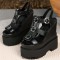 Peep Toe Ankle Buckle Straps Double Platforms Wedges  Sandals - Black Faux Leather