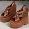 Peep Toe Ankle Buckle Straps Double Platforms Wedges  Sandals - Brown Faux Leather