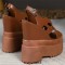 Peep Toe Ankle Buckle Straps Double Platforms Wedges  Sandals - Brown Faux Leather
