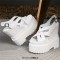 Peep Toe Ankle Buckle Straps Double Platforms Wedges  Sandals - White Faux Leather