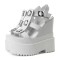 Peep Toe Ankle Buckle Straps Double Platforms Wedges  Sandals - White Faux Leather