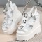 Peep Toe Ankle Buckle Straps Double Platforms Wedges  Sandals - White Faux Leather