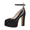 Round Toe Chunky Heels Platforms Ankle Straps Rivets Pumps - Black