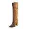 Pointed Toe Chunky Heels Crocodile Print Knee Highs Boots - Brown