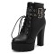 Round Toe Ankle Buckle Straps Side Zipper Platforms Chunky Heels Lace Up Boots - Black