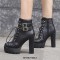 Round Toe Ankle Buckle Straps Side Zipper Platforms Chunky Heels Lace Up Boots - Black