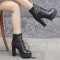 Round Toe Ankle Buckle Straps Side Zipper Platforms Chunky Heels Lace Up Boots - Black