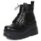 Round Toe Ankle High Double Straps Lace Up Platforms Wedges Boots - Black