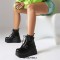Round Toe Ankle High Double Straps Lace Up Platforms Wedges Boots - Black