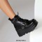 Round Toe Ankle High Double Straps Lace Up Platforms Wedges Boots - Black