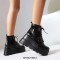 Round Toe Ankle High Double Straps Lace Up Platforms Wedges Boots - Black