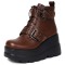 Round Toe Ankle High Double Straps Lace Up Platforms Wedges Boots - Brown