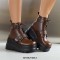 Round Toe Ankle High Double Straps Lace Up Platforms Wedges Boots - Brown