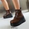 Round Toe Ankle High Double Straps Lace Up Platforms Wedges Boots - Brown
