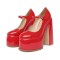 Round Toe High Platforms Chunky Heels Mary Janes Pumps - Red Patent