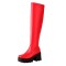 Round Toe Chunky Heels Platforms Knee Highs Elastic Boots - Red Faux Leather