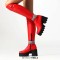 Round Toe Chunky Heels Platforms Knee Highs Elastic Boots - Red Faux Leather