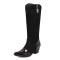 Pointed Toe Chunky Heels Printed Fabric Metal Skull Buckle Docarated Wild West Knee Highs Boots - Black Patent