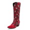 Pointed Toe Chunky Heels Printed Fabric Metal Skull Buckle Docarated Wild West Knee Highs Boots - Red Patent