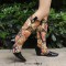 Pointed Toe Chunky Heels Printed Fabric Metal Skull Buckle Docarated Wild West Knee Highs Boots - Yellow Patent