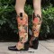 Pointed Toe Chunky Heels Printed Fabric Metal Skull Buckle Docarated Wild West Knee Highs Boots - Yellow Patent