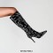 Pointed Toe Stiletto Heels Rhinestones Knee Highs Boots - Black