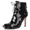 Pointed Toe Stiletto Heels Sequined Lace Up Side Zipper Ankle Highs Dance Booties - Black