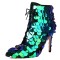 Pointed Toe Stiletto Heels Sequined Lace Up Side Zipper Ankle Highs Dance Booties - Green