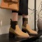 Pointed Square Toe Retro Chunky Heels Socks Locomotive Pull On Boots - Brown Suede