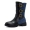 Round Toe Three Row Metal Buckle Ankle Highs British Style Boots - Black Faux Leather